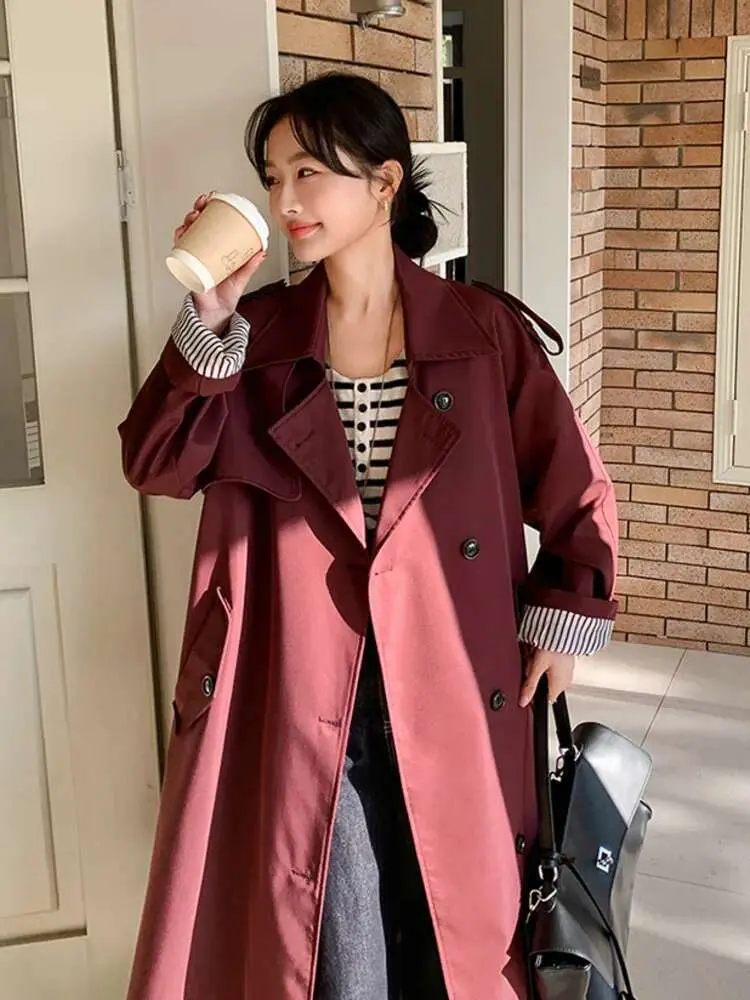 LANMREM Office Lady Lace-up Trench Coat Striped Lined Lapel Long Coats 2025 Spring New Fashion Tide Women's Windbreaker 2DE119