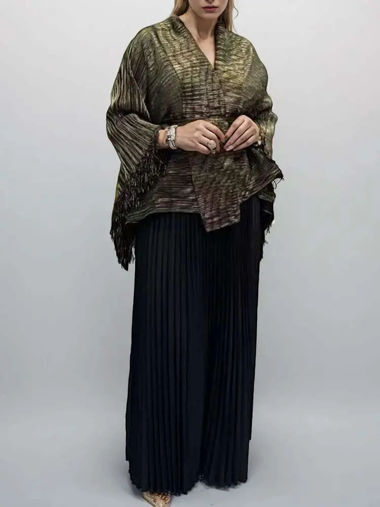LANMREM 2 Pieces Set Women V Neck Full Sleeves Bandage Coat + Elastic Waist A Line Skirt Lady Fashion Pleated Clothes 2DC1483