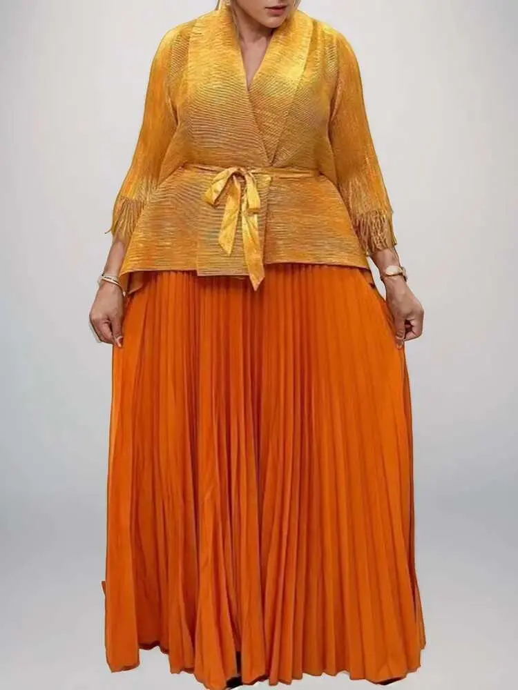 LANMREM 2 Pieces Set Women V Neck Full Sleeves Bandage Coat + Elastic Waist A Line Skirt Lady Fashion Pleated Clothes 2DC1483