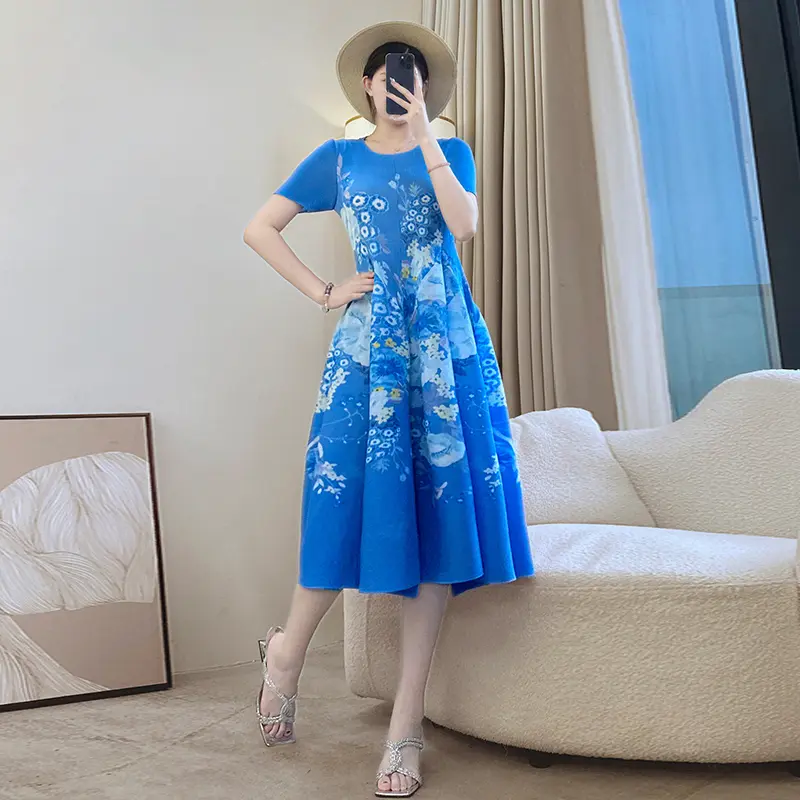 LANMREM Summer New Printed Midi Dress For Women Elastic Loose Blue Dresses 2025 New Summer Short Sleeve O-neck Clothing 2DB3663