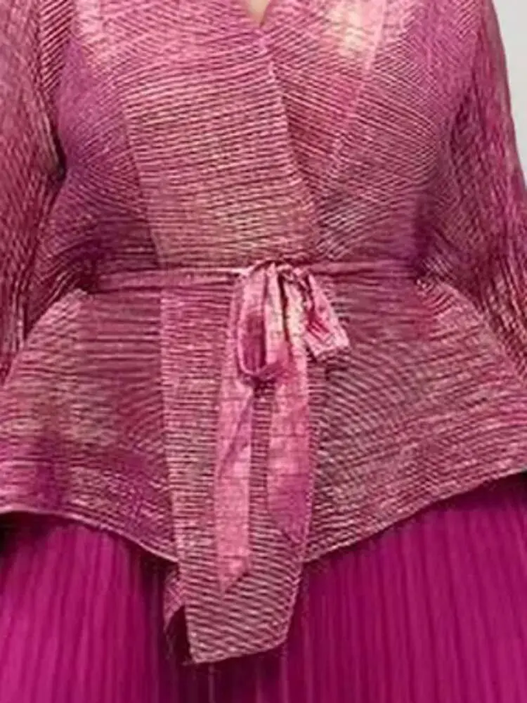 LANMREM 2 Pieces Set Women V Neck Full Sleeves Bandage Coat + Elastic Waist A Line Skirt Lady Fashion Pleated Clothes 2DC1483