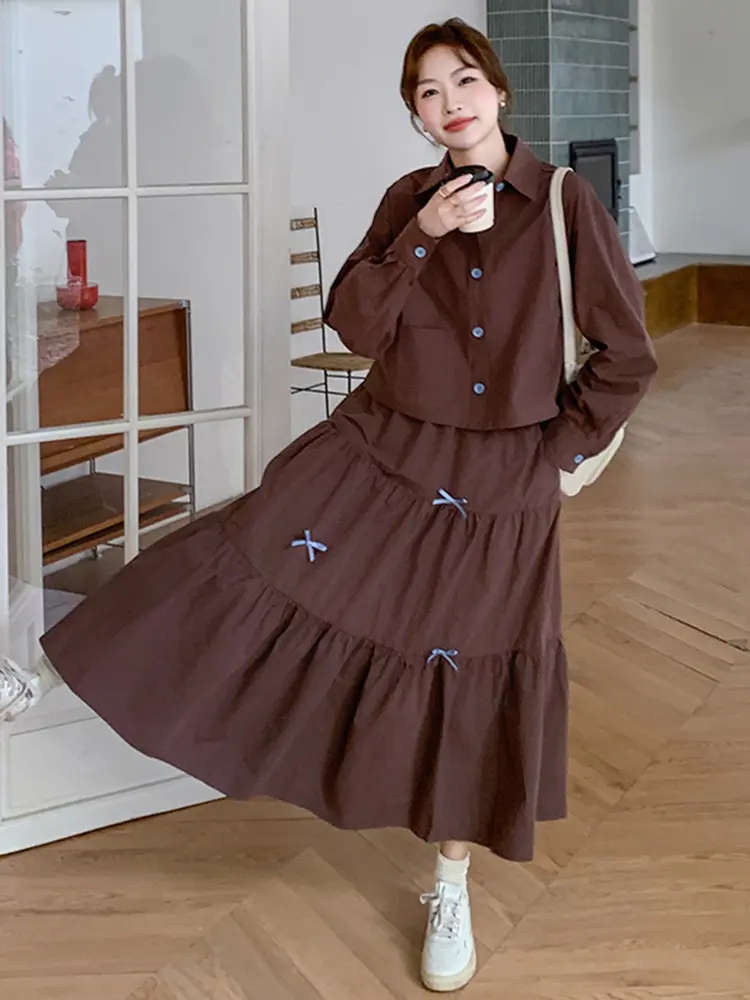 LANMREM Fashion Coffee Korean Tide Two Pieces Set For Women 2025 New Loose Causal Short Shirt And A-line Skirt Sets Chic 2DB2753