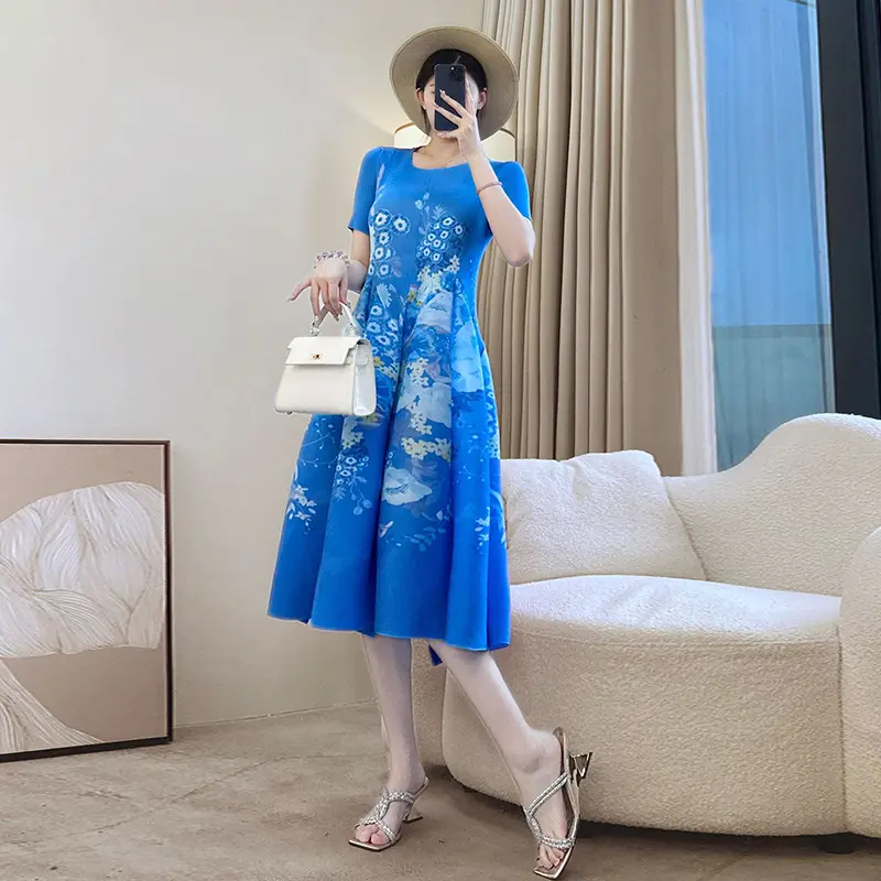 LANMREM Summer New Printed Midi Dress For Women Elastic Loose Blue Dresses 2025 New Summer Short Sleeve O-neck Clothing 2DB3663