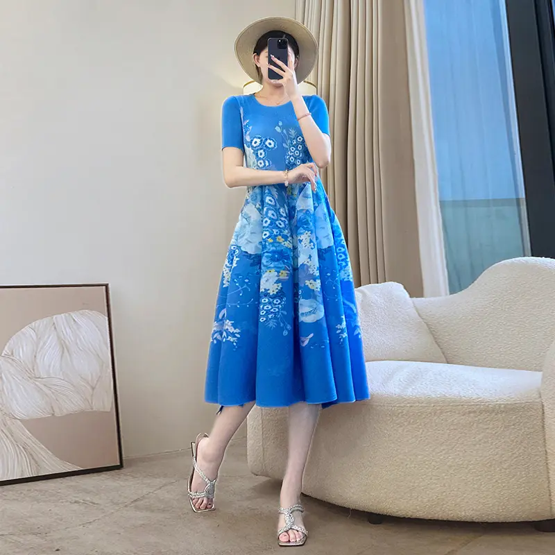 LANMREM Summer New Printed Midi Dress For Women Elastic Loose Blue Dresses 2025 New Summer Short Sleeve O-neck Clothing 2DB3663