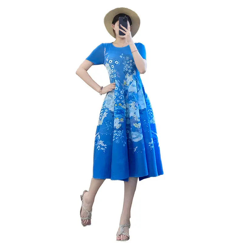 LANMREM Summer New Printed Midi Dress For Women Elastic Loose Blue Dresses 2025 New Summer Short Sleeve O-neck Clothing 2DB3663