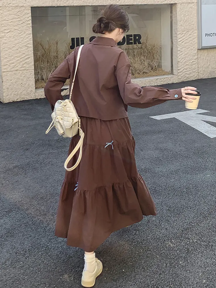 LANMREM Fashion Coffee Korean Tide Two Pieces Set For Women 2025 New Loose Causal Short Shirt And A-line Skirt Sets Chic 2DB2753