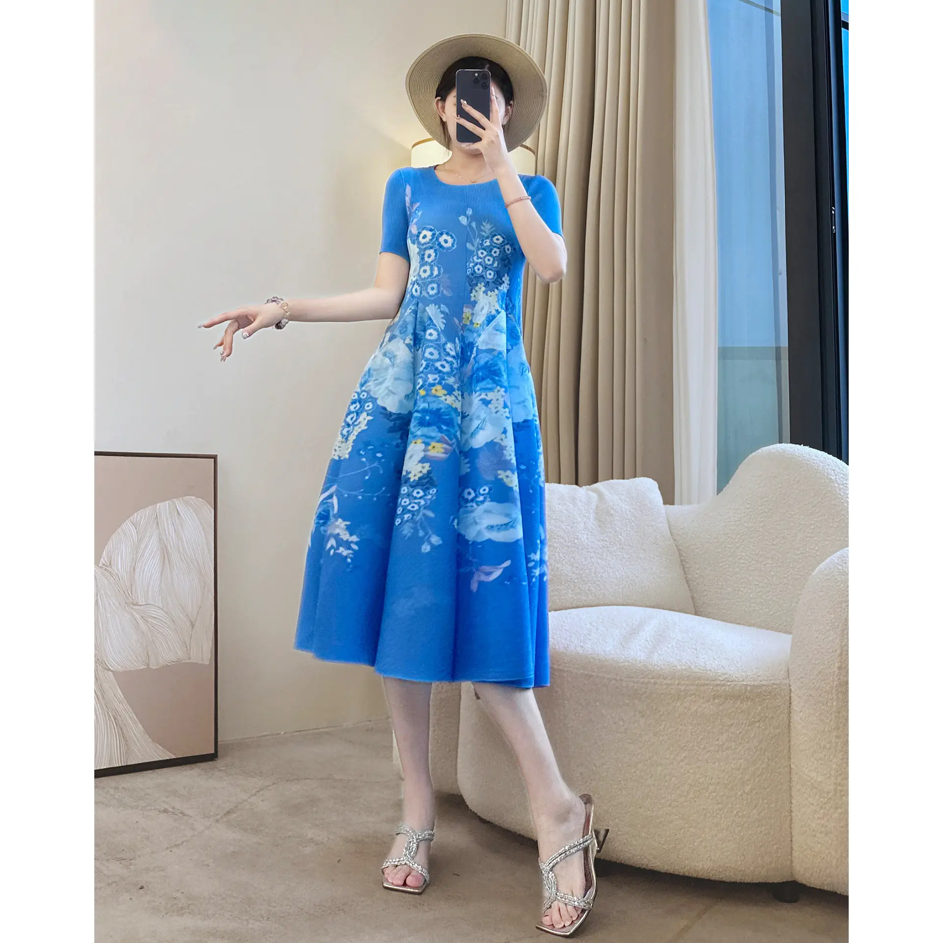 LANMREM Summer New Printed Midi Dress For Women Elastic Loose Blue Dresses 2025 New Summer Short Sleeve O-neck Clothing 2DB3663