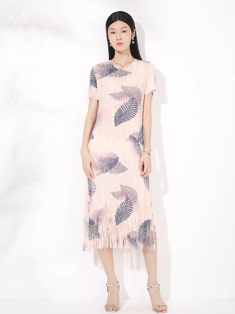 LANMREM Pleated Printed Short Sleeved Women's Dress Elegant Temperament O-neck Short Sleeved Casual Dresses With Tassel 2DB3559