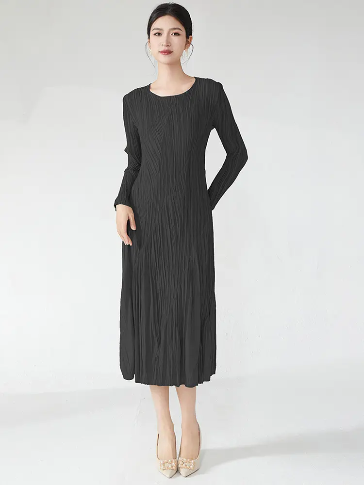LANMREM Niche Chic Chaotic Pleated Design Women's Dress 2025 New Loose Causal Round Collar Long Sleeve Blue Dresses Tide 2DB2899