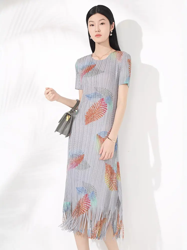 LANMREM Pleated Printed Short Sleeved Women's Dress Elegant Temperament O-neck Short Sleeved Casual Dresses With Tassel 2DB3559