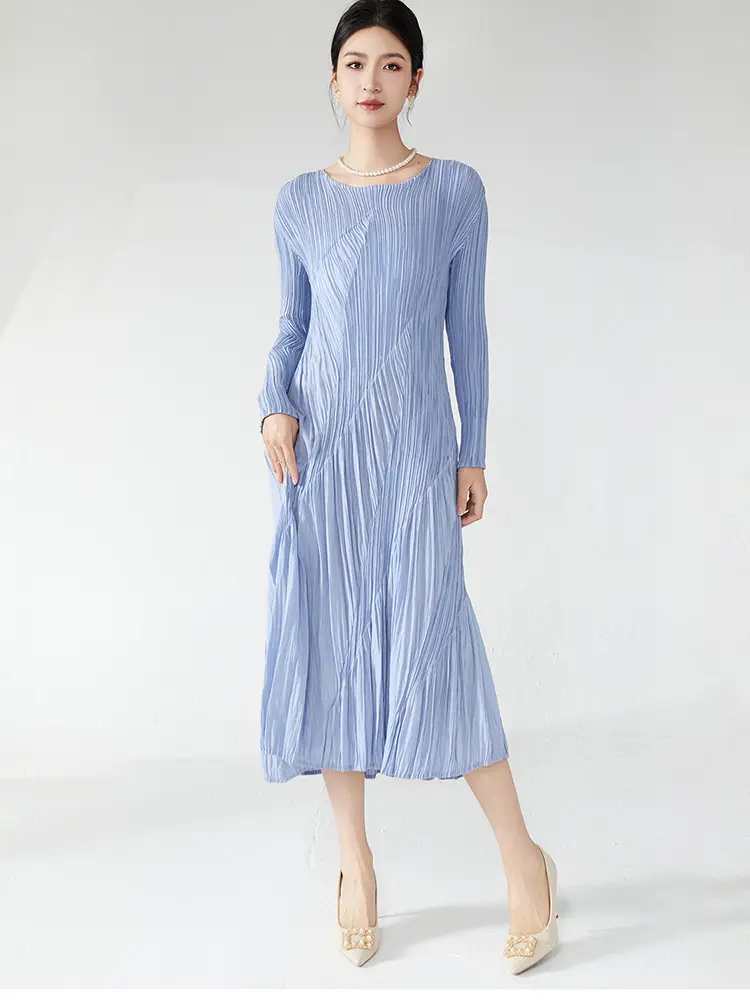 LANMREM Niche Chic Chaotic Pleated Design Women's Dress 2025 New Loose Causal Round Collar Long Sleeve Blue Dresses Tide 2DB2899