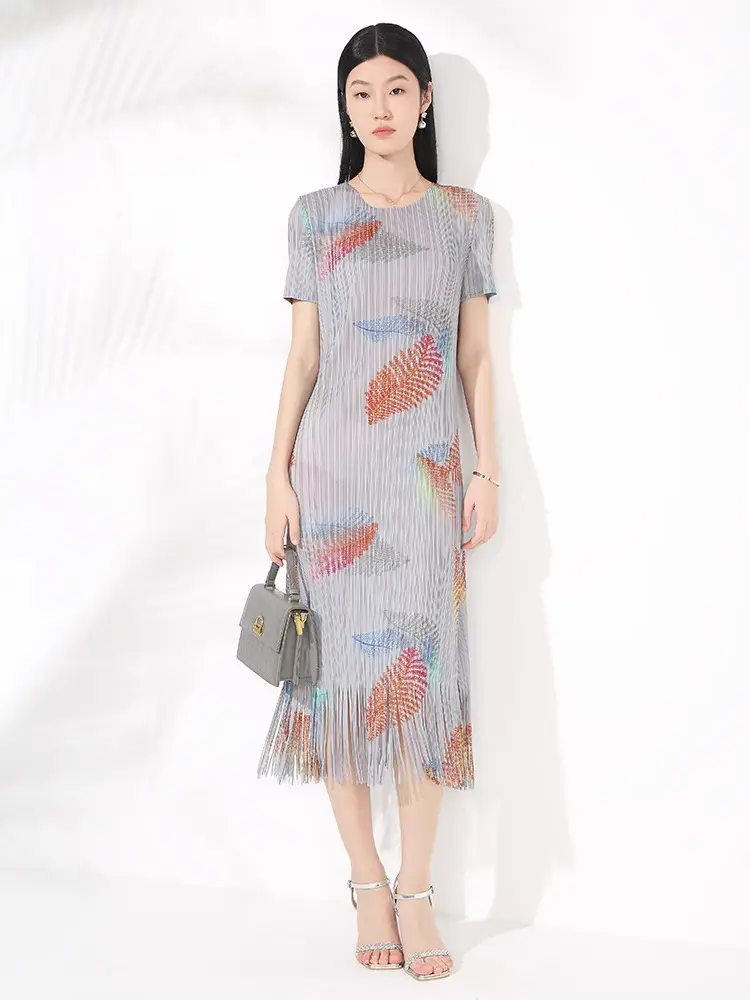 LANMREM Pleated Printed Short Sleeved Women's Dress Elegant Temperament O-neck Short Sleeved Casual Dresses With Tassel 2DB3559