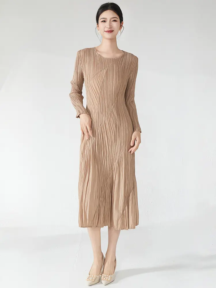 LANMREM Niche Chic Chaotic Pleated Design Women's Dress 2025 New Loose Causal Round Collar Long Sleeve Blue Dresses Tide 2DB2899