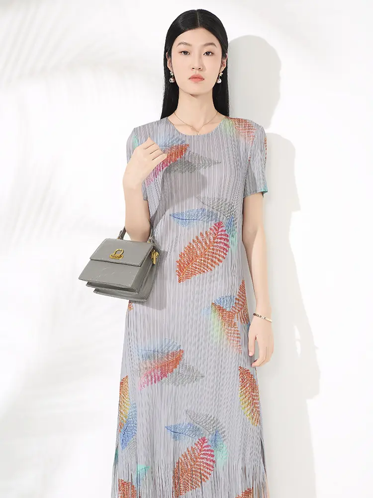 LANMREM Pleated Printed Short Sleeved Women's Dress Elegant Temperament O-neck Short Sleeved Casual Dresses With Tassel 2DB3559