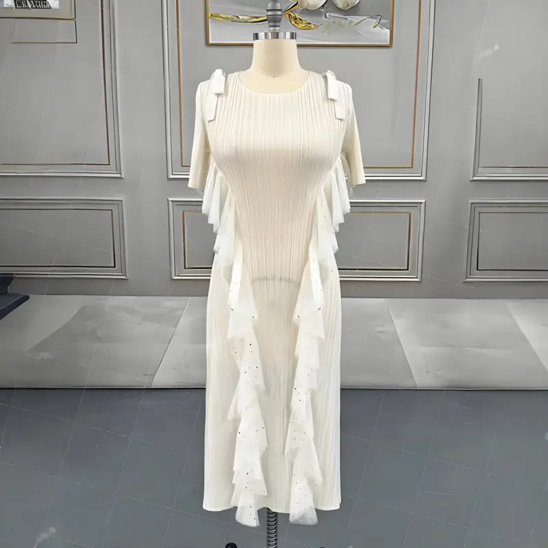 LANMREM Pleated Women's Clothing Summer White Dress High-end Round Collar Short Sleeve Ruffled Patchwork Design Dresses 2DB3908