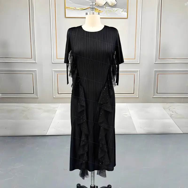LANMREM Pleated Women's Clothing Summer White Dress High-end Round Collar Short Sleeve Ruffled Patchwork Design Dresses 2DB3908