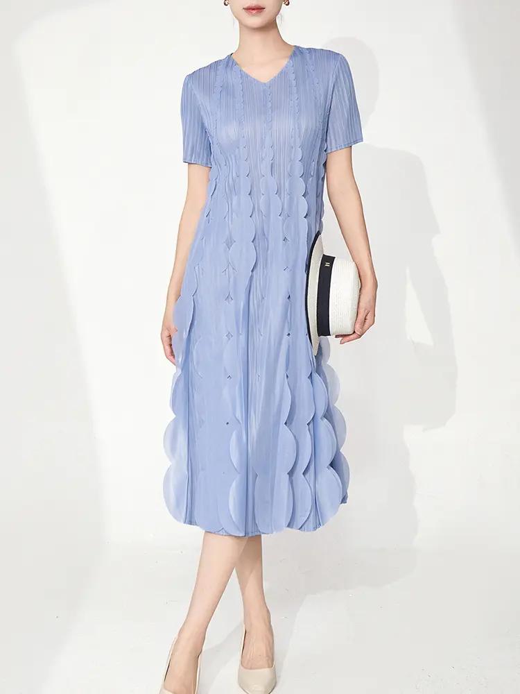 LANMREM niche chic Petal patchwork design blue pleated dress women 2025 new loose causal round collar short sleve dresss 2DB3066
