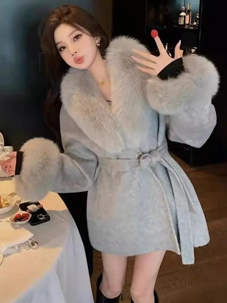 LANMREM Double Sided Wool Coat Women's Fox Fur Colalr Long Sleeves Patchwork Luxury Coats With Belt 2024 Winter New 2DB2100