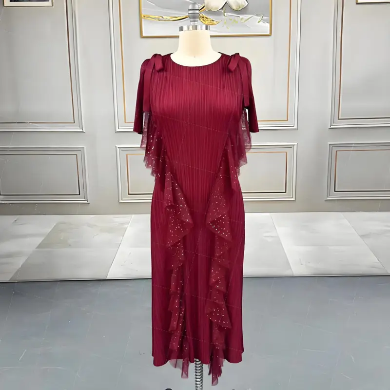 LANMREM Pleated Women's Clothing Summer White Dress High-end Round Collar Short Sleeve Ruffled Patchwork Design Dresses 2DB3908