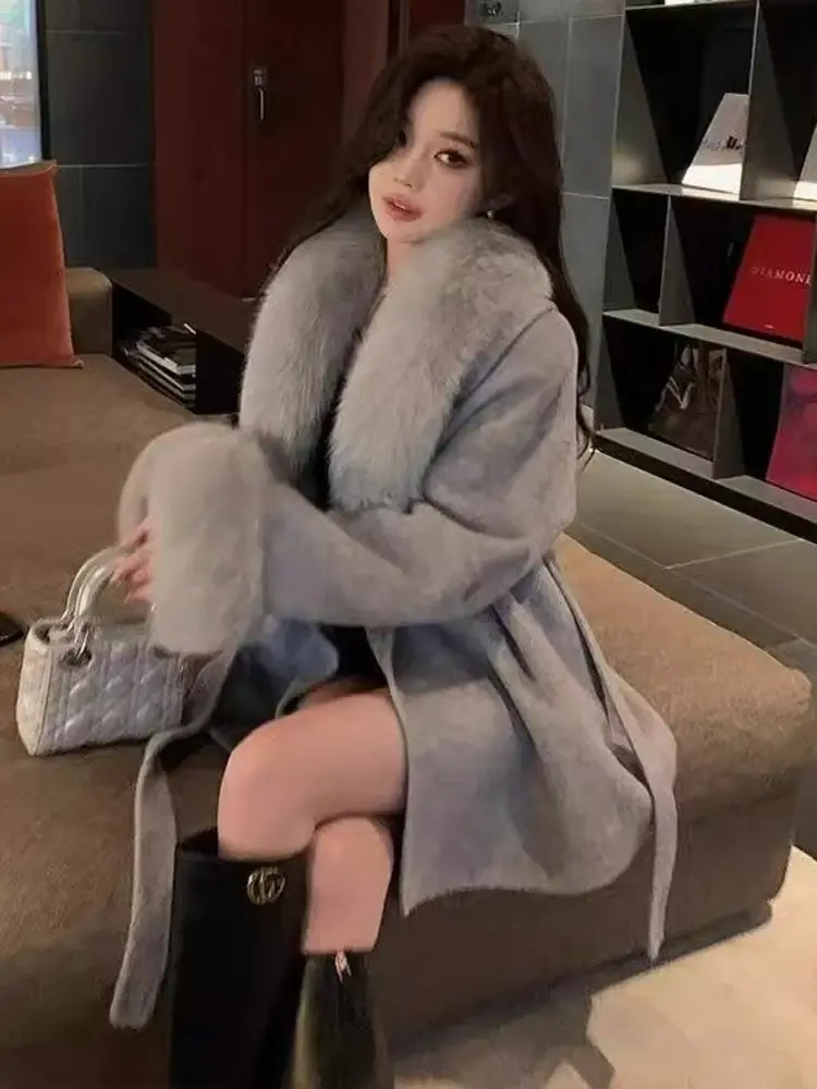 LANMREM Double Sided Wool Coat Women's Fox Fur Colalr Long Sleeves Patchwork Luxury Coats With Belt 2024 Winter New 2DB2100