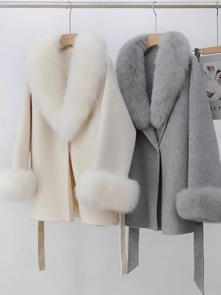 LANMREM Double Sided Wool Coat Women's Fox Fur Colalr Long Sleeves Patchwork Luxury Coats With Belt 2024 Winter New 2DB2100