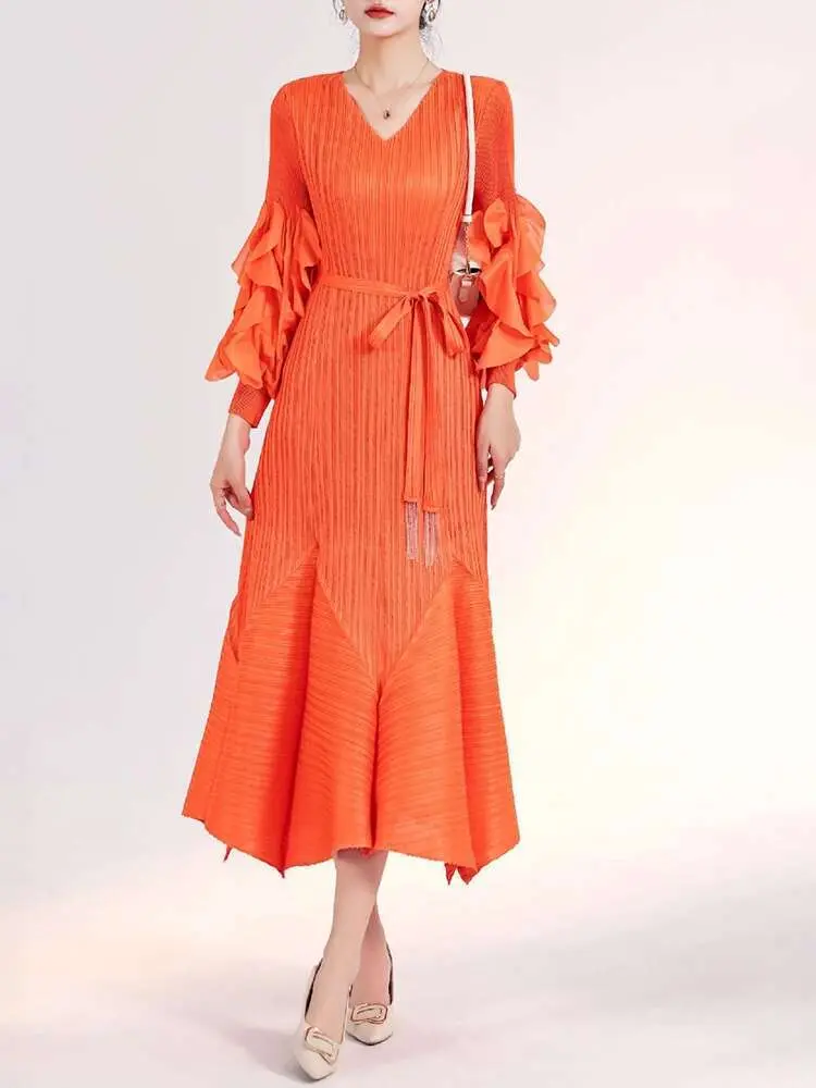 LANMREM Elegant Women's Pleated Dress V Neck Lantern Sleeves Lace Up Strap Waist Ruffle Dresses Lady 2025 New Fashion 2DC1452