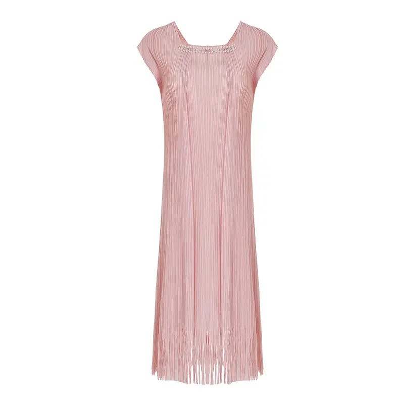 LANMREM Niche Square Collar Pleated Women's Dress Black Sleeveless Design Tassel Spliced Design Elastic Loose Dresses 2DB3691