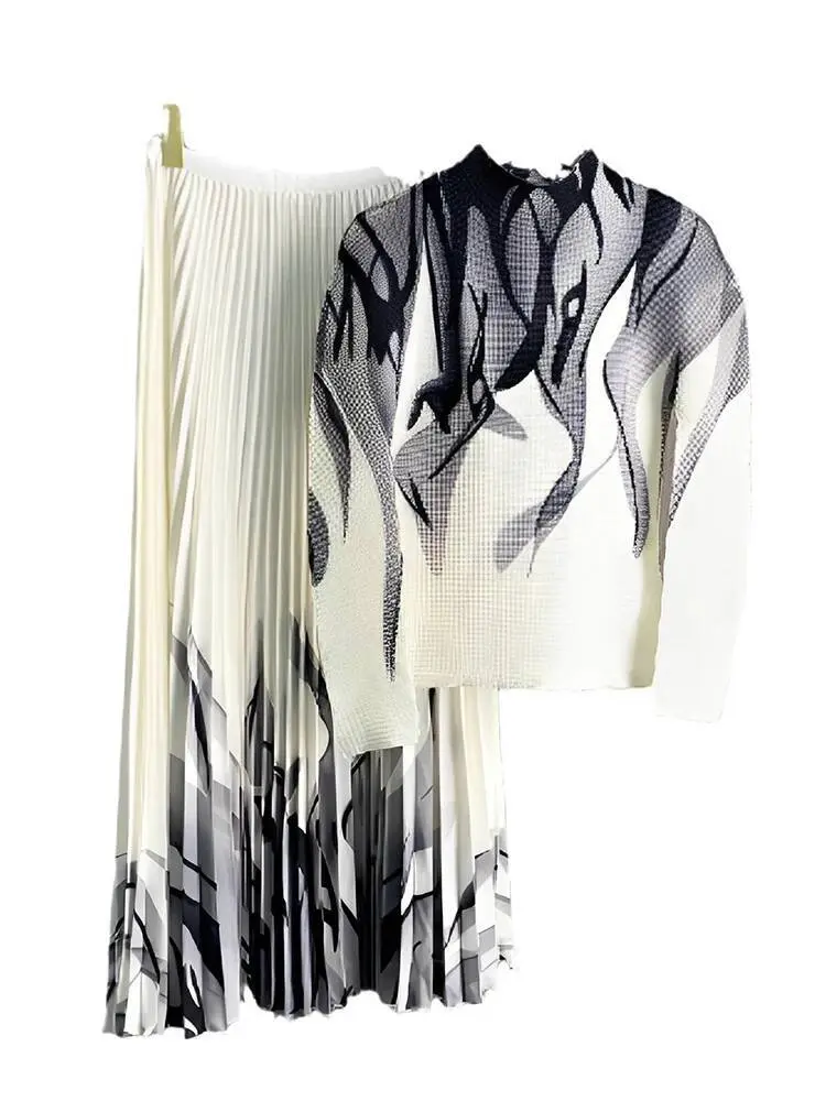 LANMREM Elegant Wave Print Pleated Set Slim Long Sleeves T Shirt With Elastic Waist Skirt 2 Pieces Sets For Women 2DM1092