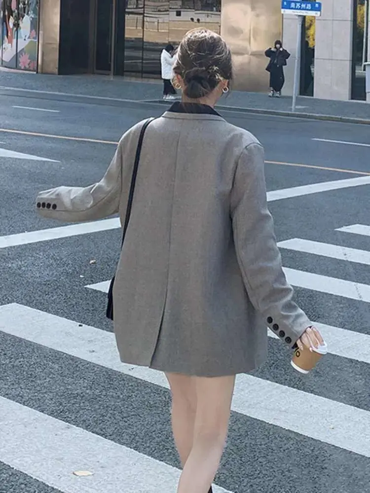 LANMREM 2025 New Colorblock Lapel Collar Suit Jacket Women's Loose Casual Korean Tide Double Breasted Grey Blazers Coat 2DB2599