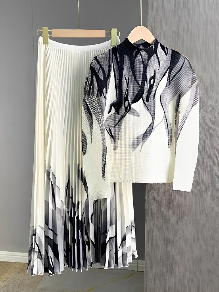 LANMREM Elegant Wave Print Pleated Set Slim Long Sleeves T Shirt With Elastic Waist Skirt 2 Pieces Sets For Women 2DM1092