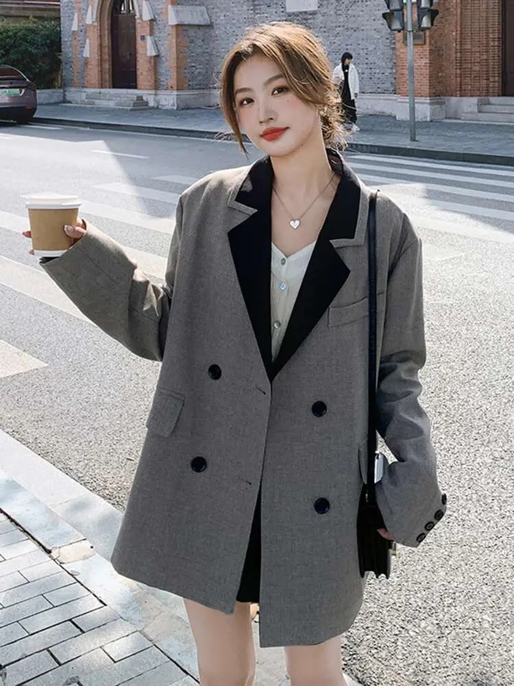 LANMREM 2025 New Colorblock Lapel Collar Suit Jacket Women's Loose Casual Korean Tide Double Breasted Grey Blazers Coat 2DB2599
