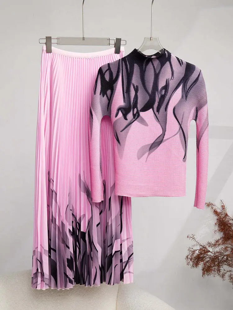 LANMREM Elegant Wave Print Pleated Set Slim Long Sleeves T Shirt With Elastic Waist Skirt 2 Pieces Sets For Women 2DM1092