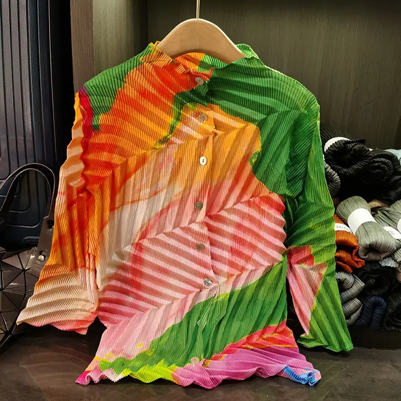 LANMREM Pleated High-end Colorblock Women's Shirts Single Breasted Long Sleeve Printting Elastic Cardigan Top 2025 New 2DB3210