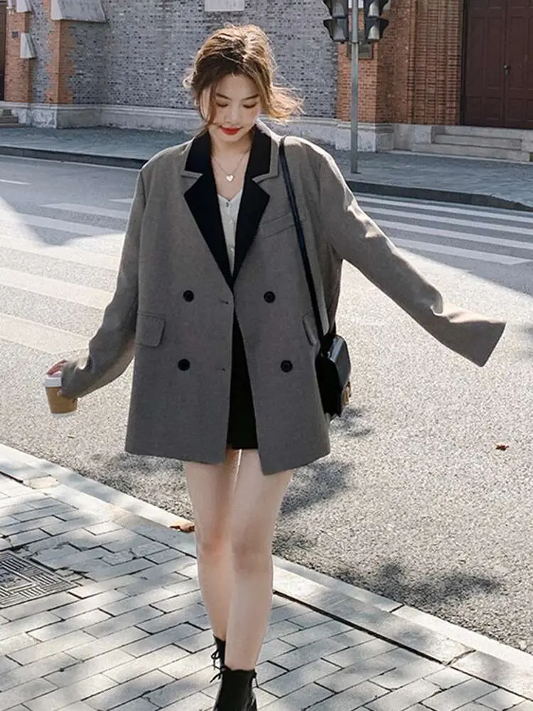 LANMREM 2025 New Colorblock Lapel Collar Suit Jacket Women's Loose Casual Korean Tide Double Breasted Grey Blazers Coat 2DB2599