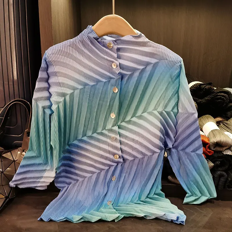 LANMREM Pleated High-end Colorblock Women's Shirts Single Breasted Long Sleeve Printting Elastic Cardigan Top 2025 New 2DB3210