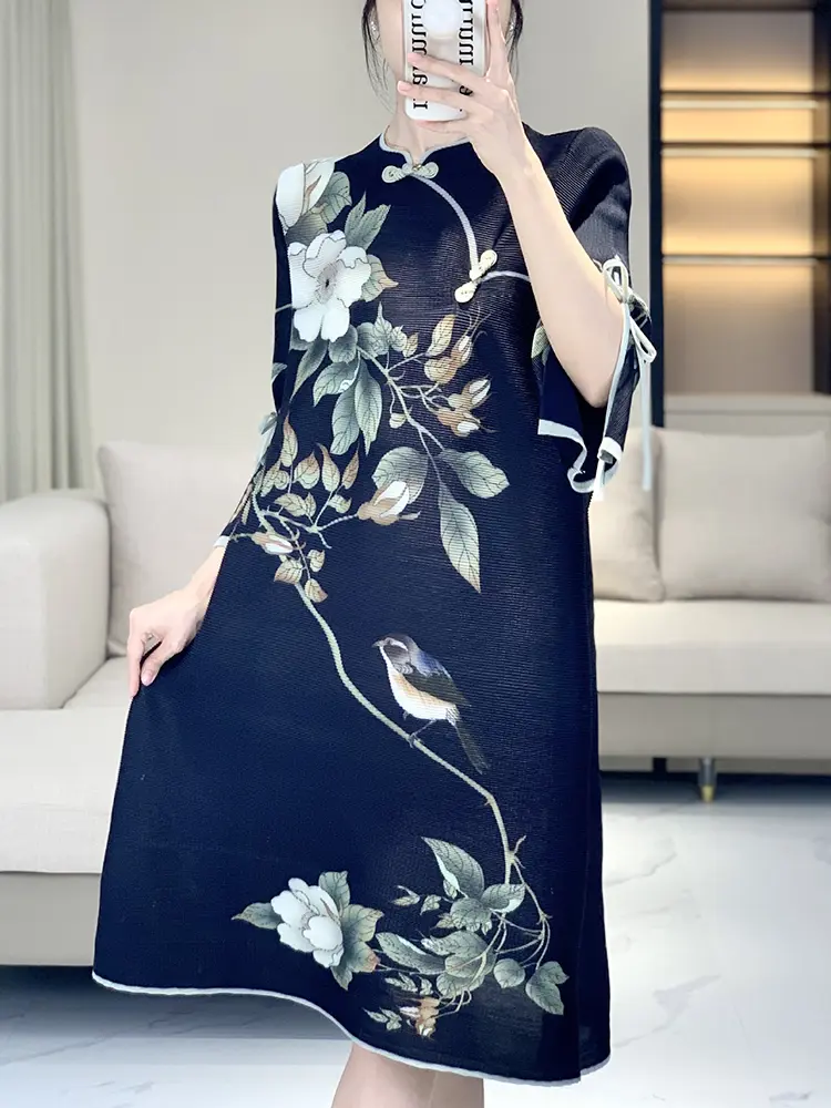 LANMREM New Chinese Style Women's 2025 Summer New Elegant Dress Pleated Flower Printing Dresses Vintage Outfit 2DM1097