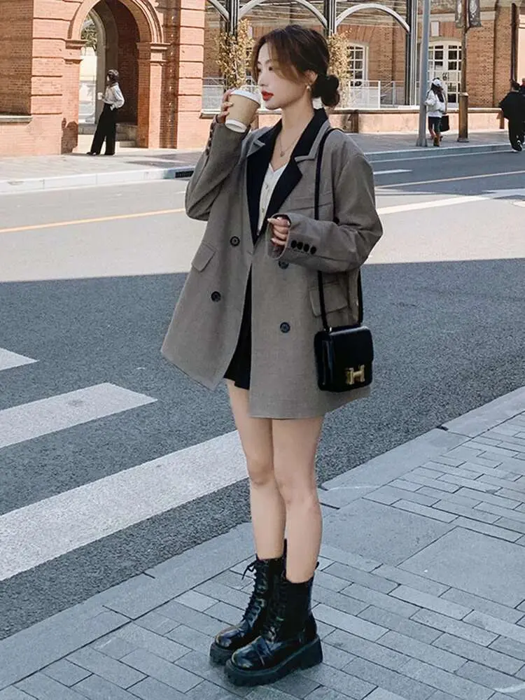 LANMREM 2025 New Colorblock Lapel Collar Suit Jacket Women's Loose Casual Korean Tide Double Breasted Grey Blazers Coat 2DB2599