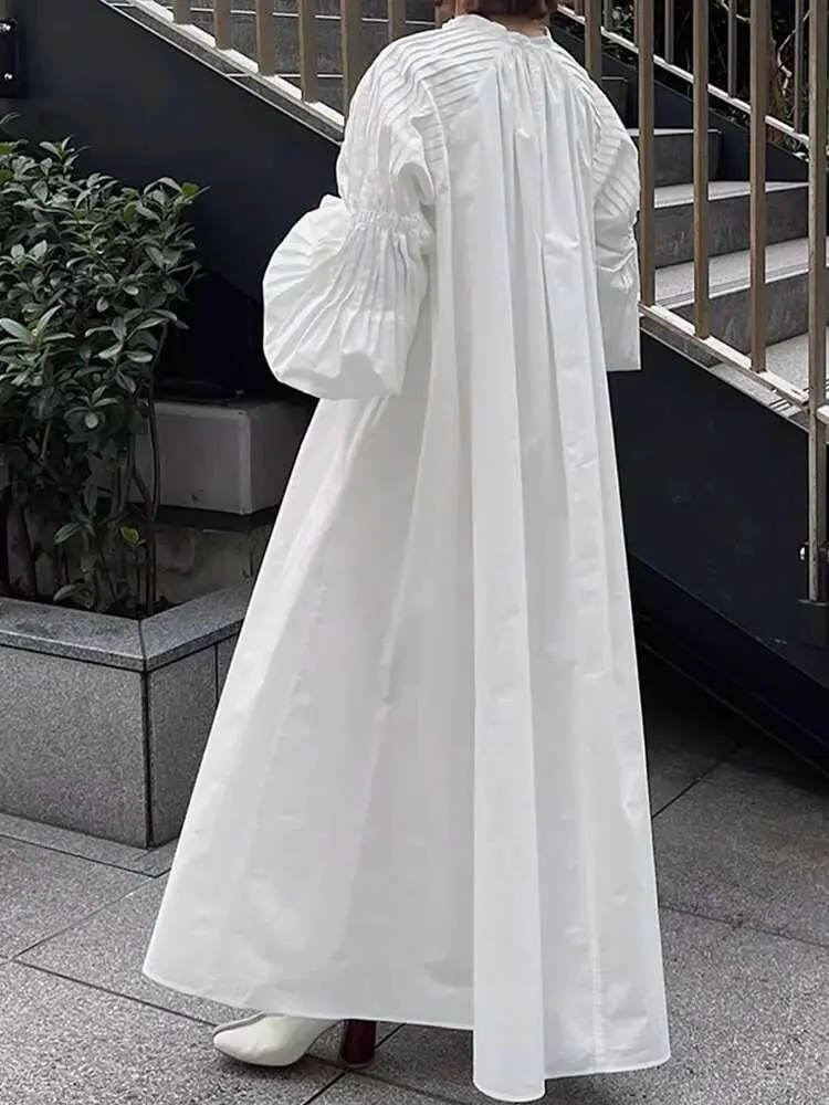 LANMREM White Pleated Flare Sleeve Women's Dresses 2025 New Stand Collar Long Sleeve Loose Tide Shirt Style Dress Chic CPDB216