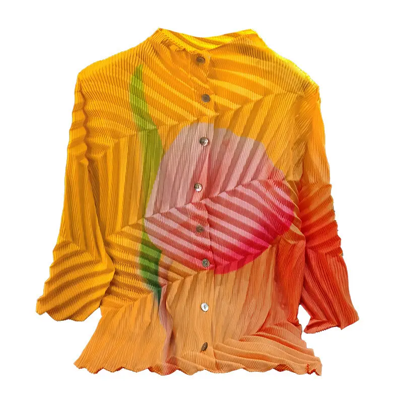 LANMREM Pleated High-end Colorblock Women's Shirts Single Breasted Long Sleeve Printting Elastic Cardigan Top 2025 New 2DB3210