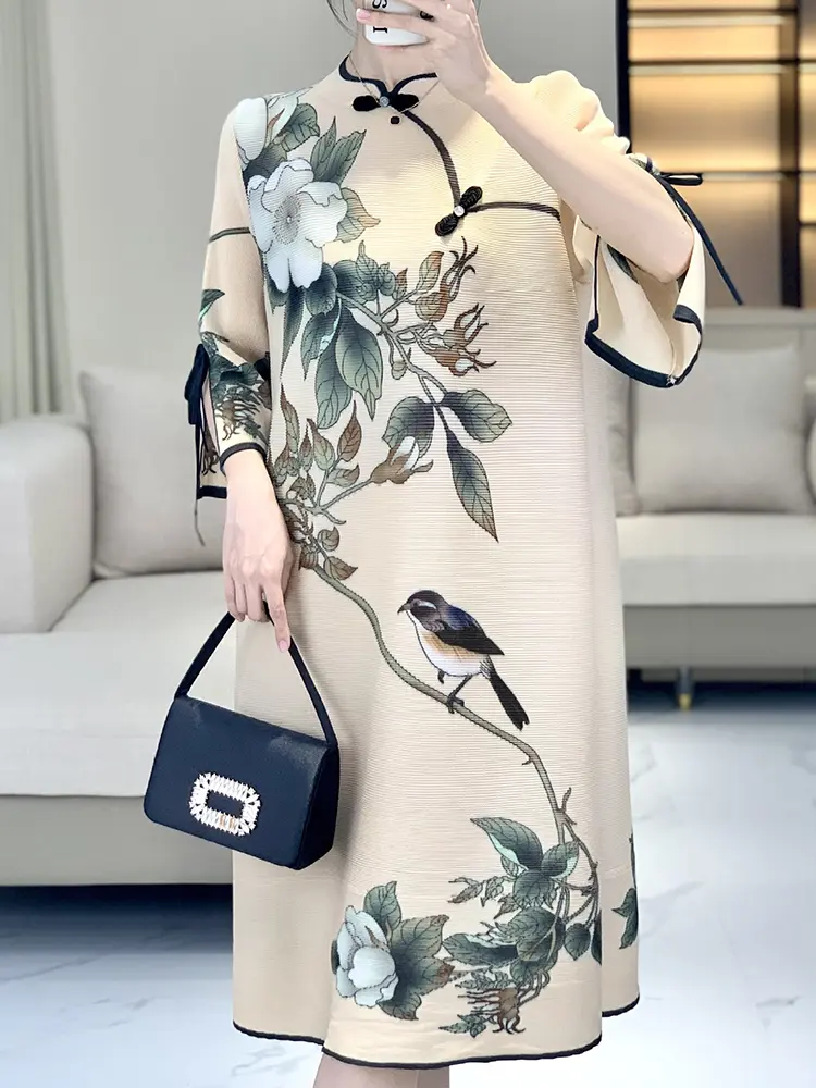 LANMREM New Chinese Style Women's 2025 Summer New Elegant Dress Pleated Flower Printing Dresses Vintage Outfit 2DM1097