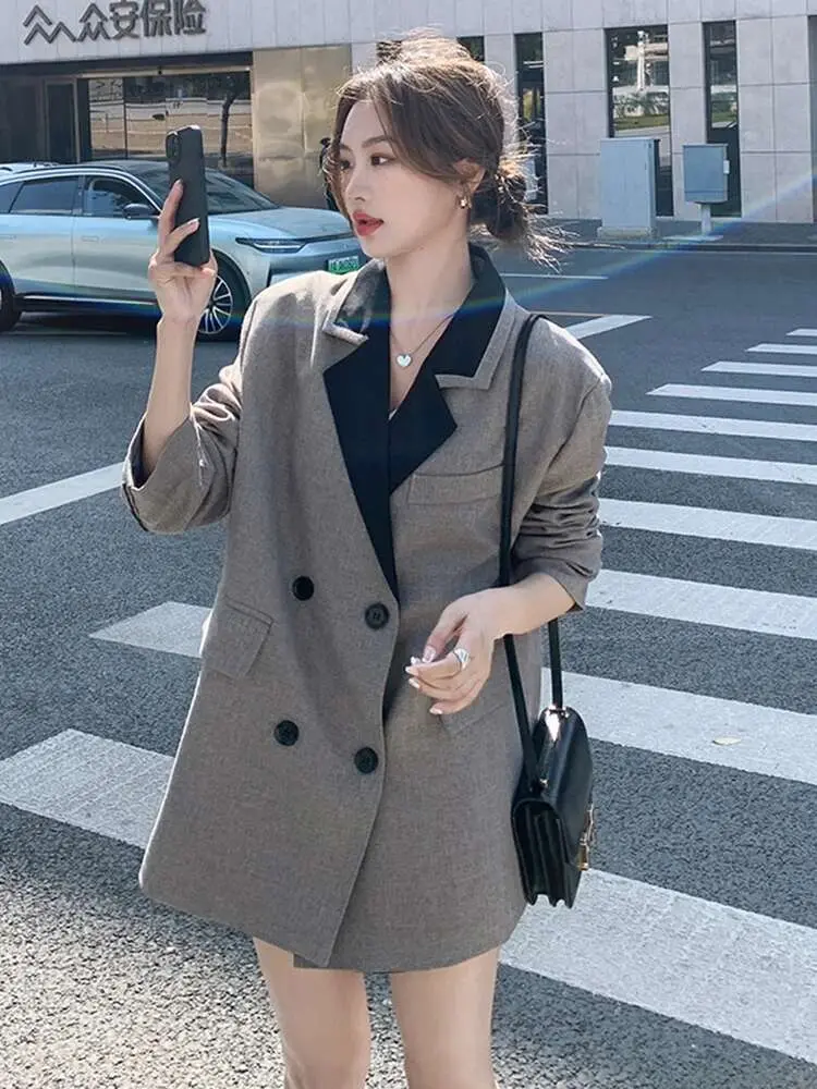 LANMREM 2025 New Colorblock Lapel Collar Suit Jacket Women's Loose Casual Korean Tide Double Breasted Grey Blazers Coat 2DB2599