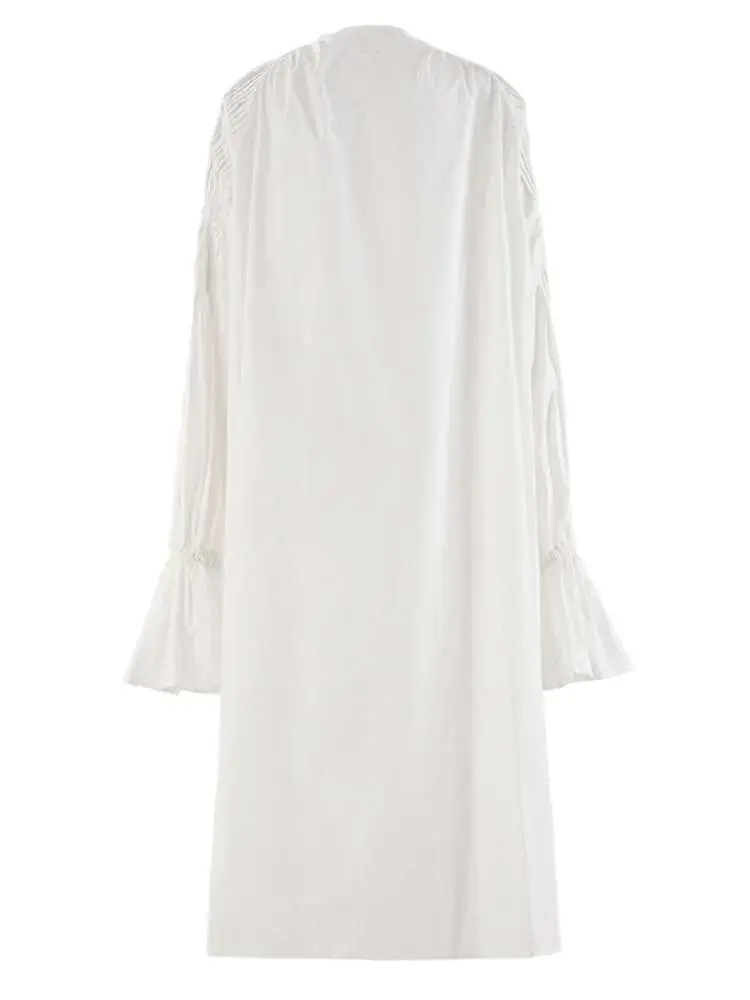 LANMREM White Pleated Flare Sleeve Women's Dresses 2025 New Stand Collar Long Sleeve Loose Tide Shirt Style Dress Chic CPDB216
