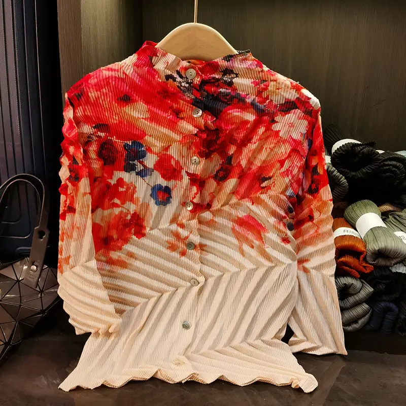 LANMREM Pleated High-end Colorblock Women's Shirts Single Breasted Long Sleeve Printting Elastic Cardigan Top 2025 New 2DB3210