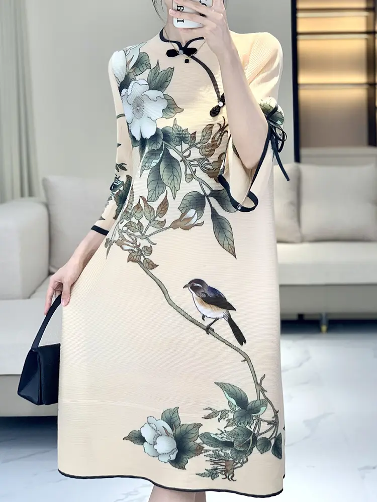 LANMREM New Chinese Style Women's 2025 Summer New Elegant Dress Pleated Flower Printing Dresses Vintage Outfit 2DM1097