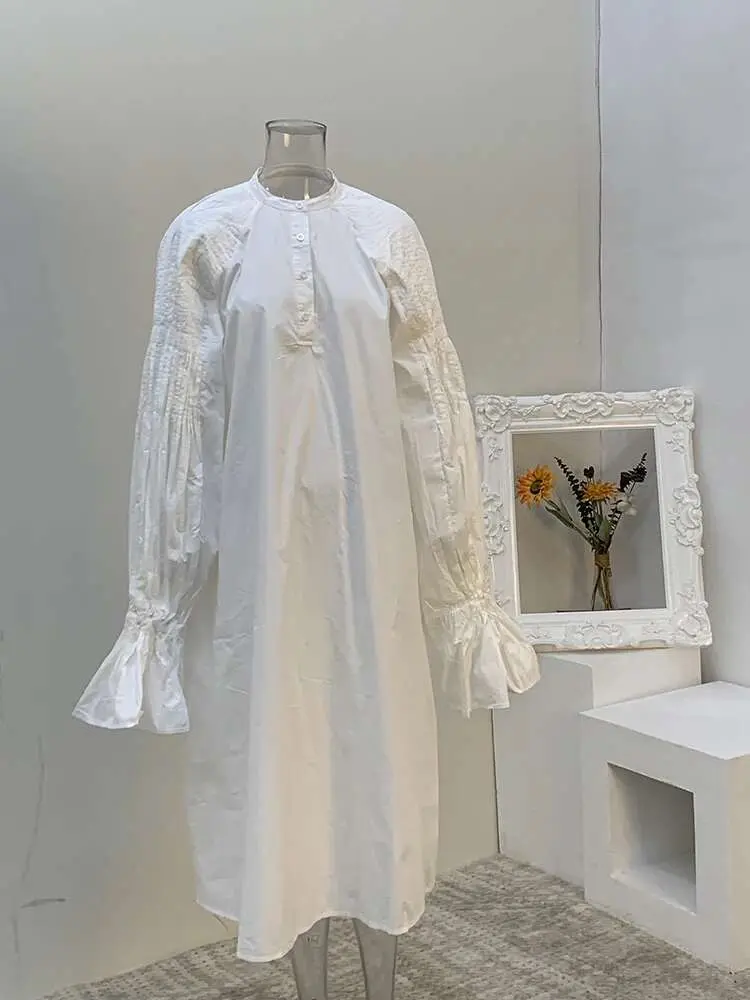 LANMREM White Pleated Flare Sleeve Women's Dresses 2025 New Stand Collar Long Sleeve Loose Tide Shirt Style Dress Chic CPDB216