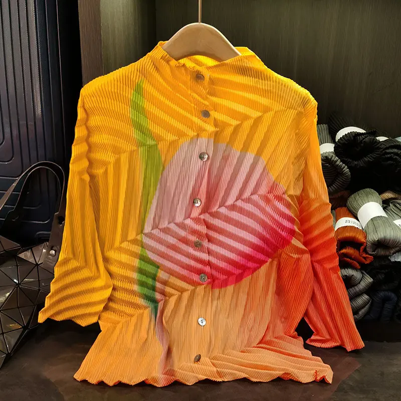 LANMREM Pleated High-end Colorblock Women's Shirts Single Breasted Long Sleeve Printting Elastic Cardigan Top 2025 New 2DB3210