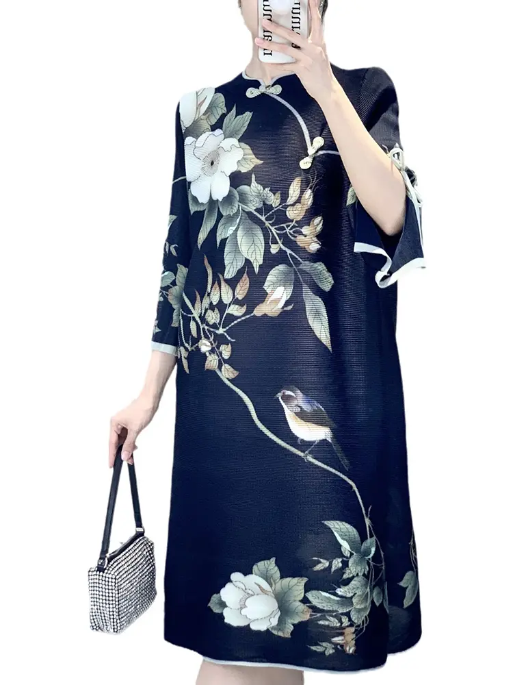 LANMREM New Chinese Style Women's 2025 Summer New Elegant Dress Pleated Flower Printing Dresses Vintage Outfit 2DM1097