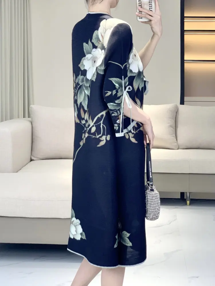 LANMREM New Chinese Style Women's 2025 Summer New Elegant Dress Pleated Flower Printing Dresses Vintage Outfit 2DM1097