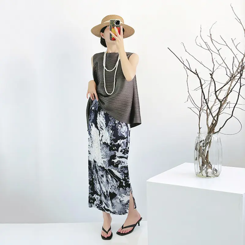LANMREM Chinese Style Ink Painting Women's Pleated Skirt Chic New Tie-Dye Elastic High Waist Side Vent Straight Skirts 2DB4122