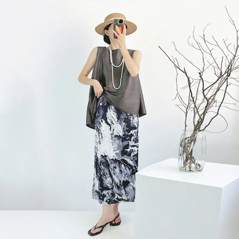 LANMREM Chinese Style Ink Painting Women's Pleated Skirt Chic New Tie-Dye Elastic High Waist Side Vent Straight Skirts 2DB4122
